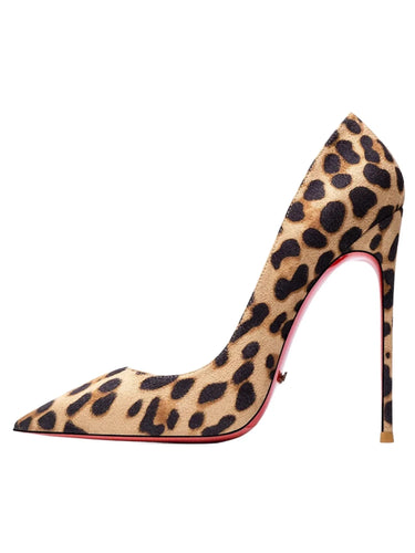 Leopard print high-heel shoes with a red bottom on a white background